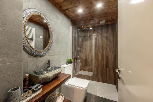 a bathroom with a sink and a toilet and a mirror at Maison du Mont in Kalopanayiotis