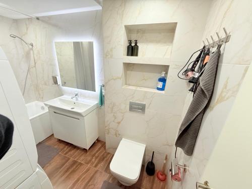 um banheiro branco com uma pia e um vaso sanitário em Уютный Новый ХОСТЕЛ с отдельными кабинками в центре em Chişinău
