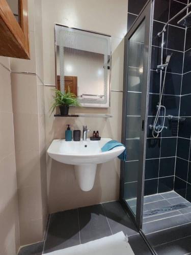 a bathroom with a sink and a shower at La Trêve Sacrée - Dakar mermoz sacrée cœur in Dakar