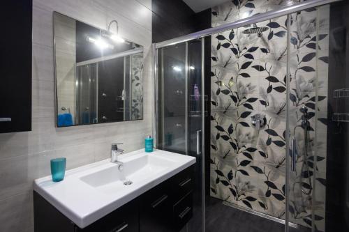 un bagno con lavandino e doccia di Modern, stylish & comfortable 3 bedroom apartment with jacuzzi, aquarium and private yard with barbeque a Mellieħa
