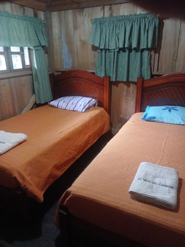 two beds in a room with green curtains at El Nido del Condor Hostel Baeza in Baeza