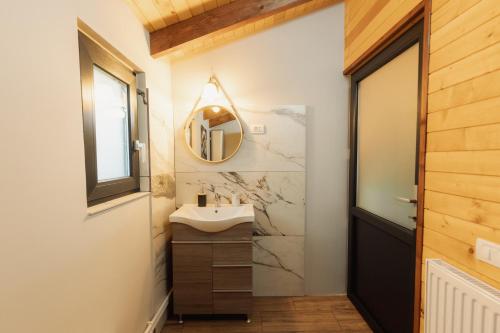 un bagno con lavandino e specchio di Cabana AFrame EmAli a Poiana Teiului