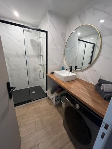 a bathroom with a sink and a mirror on a counter at Gite du Lac Pavin in Besse-et-Saint-Anastaise