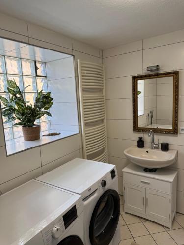 ARCOS Apartment - Geräumige 3-Zimmer-Wohnung mit 8 Einzelbetten - Perfekt für Familien, Gruppen oder Monteure في كابل غرافنهاوسن: حمام مع غسالة ومغسلة