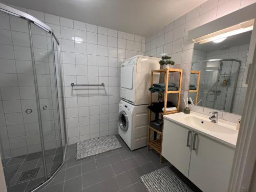 a bathroom with a refrigerator and a sink and a washing machine at Tromsø Central Stay in Tromsø