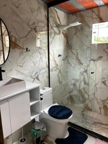 a bathroom with a toilet and a shower at Chalé do Campo in Sumidouro