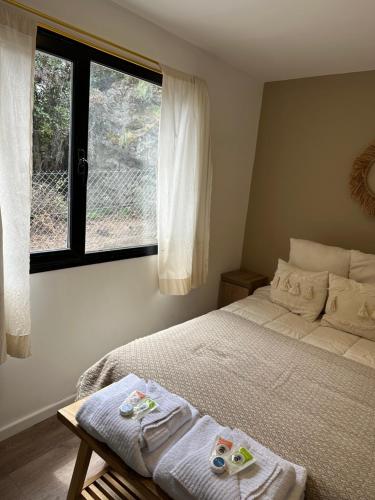 Un dormitorio con una cama y una ventana grande. en Nina apart Meliquina, en San Martín de los Andes