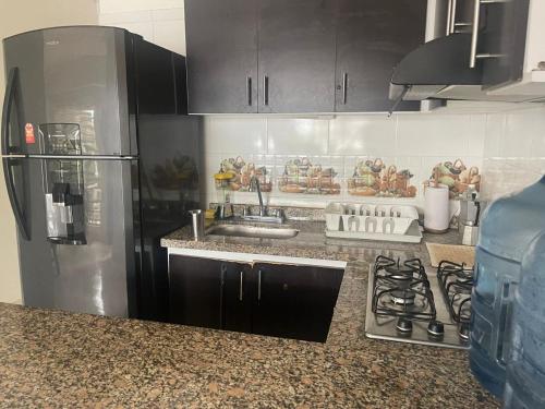 a kitchen with a stainless steel refrigerator and a sink at CASA EN FLANDES A 10 MIN DE GIRARDOT in Flandes
