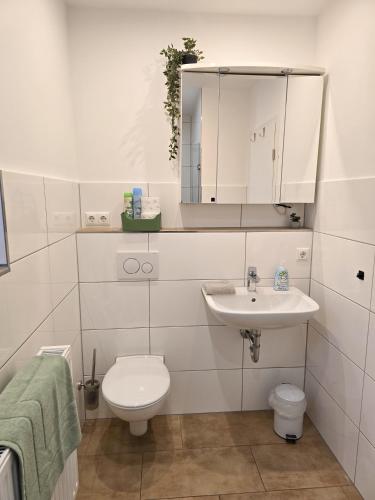 ein weißes Badezimmer mit Toilette und Waschbecken in der Unterkunft Mountain Peak Apartment in Garmisch-Partenkirchen