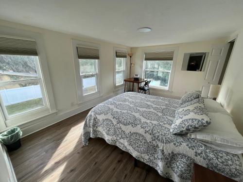 a bedroom with a bed and two windows at Old Florida Charm in Eustis