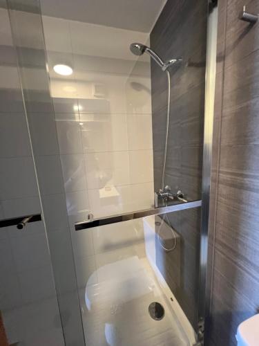 a bathroom with a shower with a toilet and a sink at Departamento frente a la playa in Iquique