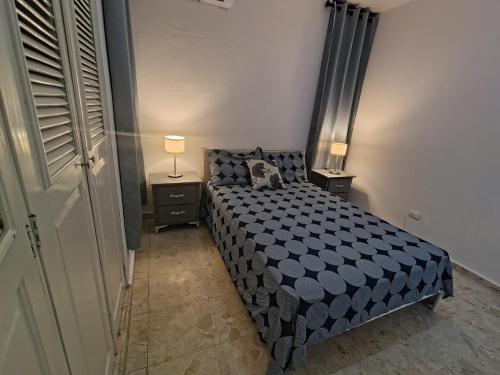 a bedroom with a bed and two night stands with lamps at Comfortable and quiet double room in Santo Domingo