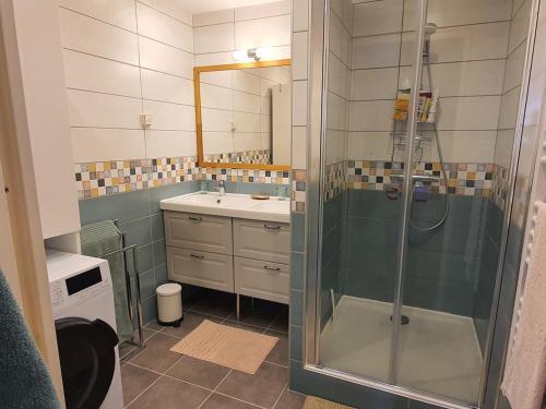 a bathroom with a shower and a sink at Appartement 6 pers, accès pistes, navette gratuite - FR-1-358-137 in Le Bez
