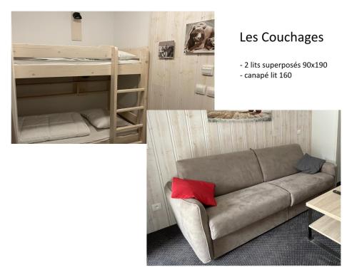 a room with a couch and a bunk bed at Gourette : Studio cosy 4 pers, piscine, animaux acceptés - FR-1-860-58 in Gourette