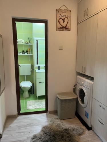 ein Badezimmer mit einer Waschmaschine und einem Spiegel in der Unterkunft EVA - Apartament in Cîmpulung