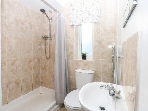 a bathroom with a toilet and a shower and a sink at Canning Lodge in Colwyn Bay