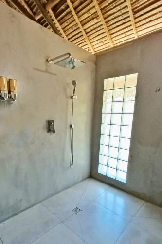 a shower in a room with a window at Diana Lodge in Ankify