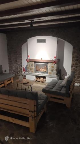 a living room with a fireplace and a couch and a table at Cabana Gala Doftanei in Trăisteni