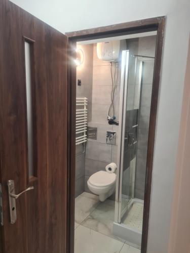 a bathroom with a toilet and a glass door at Apartament Starówka 1473 PARKING FREE zależy od dostępności in Toruń