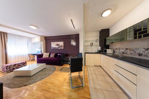 NAR Royalton Deluxe Apartment #40 في نيشْ: مطبخ وغرفة معيشة مع أريكة
