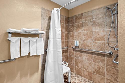 eine Dusche mit Duschvorhang im Bad in der Unterkunft Quality Inn in West Des Moines