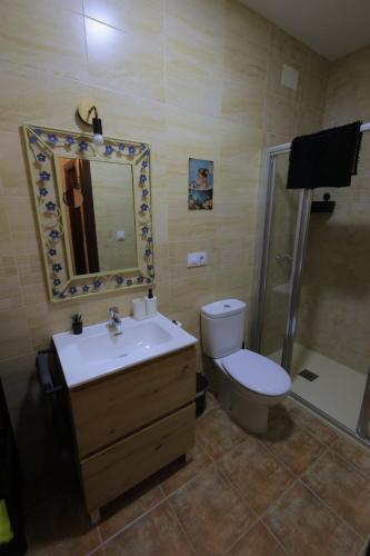 a bathroom with a sink and a toilet and a mirror at El Retoño in El Bosque