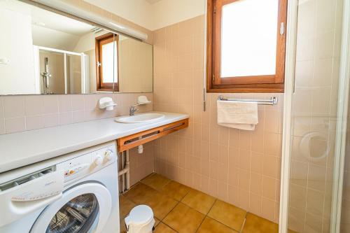 a bathroom with a washing machine and a sink at Gîte Logement 4/6 personnes - Village de gites des Vignes in Les Vignes