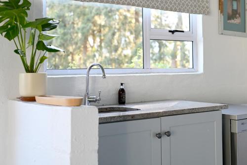 a kitchen with a sink and a window at The Little Vineyard Cottage in Franschhoek