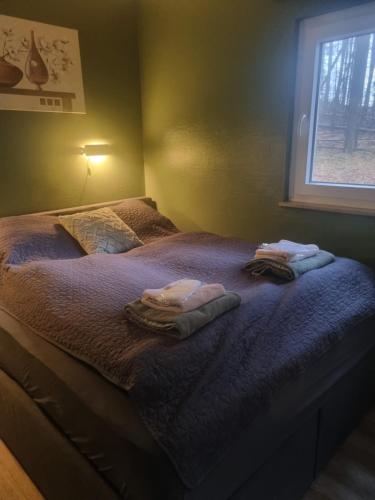 a bedroom with a bed with towels on it at Ferienhaus mit Privatsauna in Lage