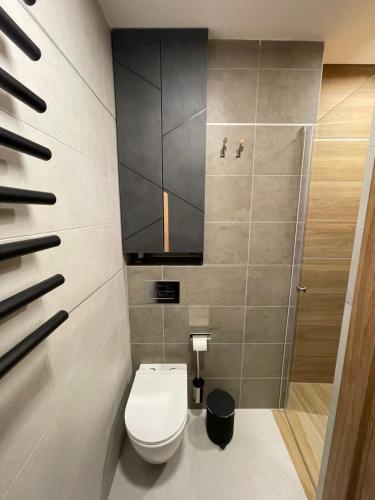 ein Badezimmer mit Toilette und Dusche in der Unterkunft Escape Panorama Apartmani Tara in Kaludjerske Bare