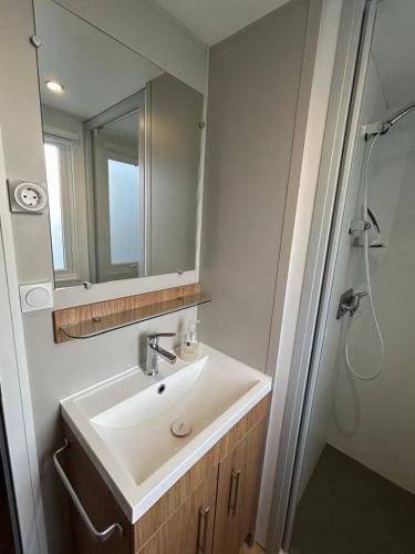 a bathroom with a sink and a shower with a mirror at Chalet Aventura 1-6 pers- 3 slaapk- 2 badk- Berging- Inchecken al vanaf 13 uur - incl gebruik koffie en thee in Lauwersoog
