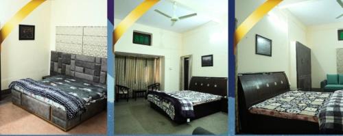two pictures of a room with two beds at Prayag Homestay in Prayagraj
