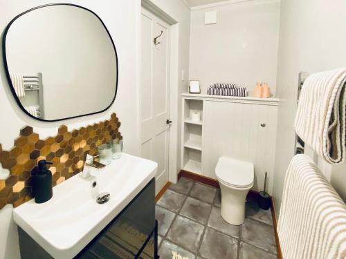 a bathroom with a sink and a mirror and a toilet at Old Church in Inverness