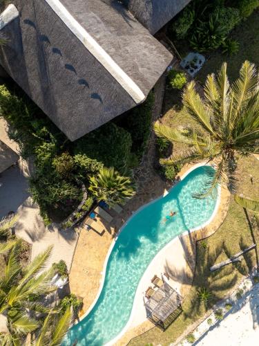 an overhead view of a swimming pool with palm trees at Dar Beach House - Michamvi in Michamvi