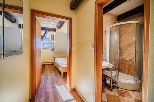 a bathroom with a tub and a sink in a room at Bed & Breakfast Šilak in Ptuj