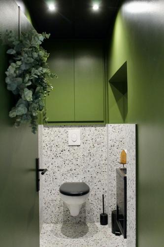a bathroom with a toilet and a green cabinet at Maison familiale rénovée avec terrasse, 4 chambres, proche L'Isle-sur-la-Sorgue in Pernes-les-Fontaines