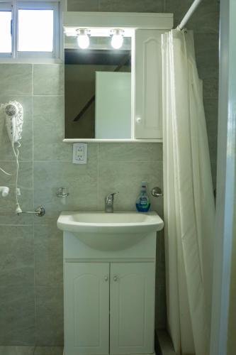 a bathroom with a sink and a shower curtain at Brisas del Ceferino in Sierra de la Ventana