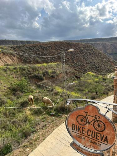 a sign for a bike cave with animals in a field at Bike Cueva - Desierto in Gorafe