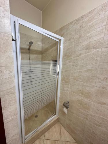 a shower with a glass door in a bathroom at Sunrise Hotel in Adjud