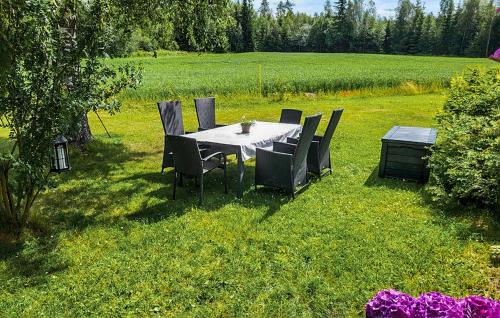 Una mesa y sillas en un campo de hierba. en Nice Home In Braskereidfoss With Wifi, en Skårå