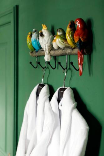 a group of colorful birds sitting on a rack at Villa La Poste in Varennes-sur-Amance
