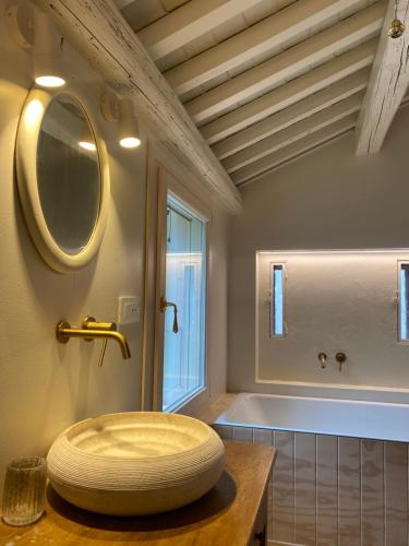 a bathroom with a sink and a large mirror at Agriturismo Barchessa in Este
