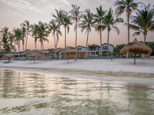 a beach with umbrellas and palm trees and the water at San Martinho Vila Azul in Vila Praia Do Bilene