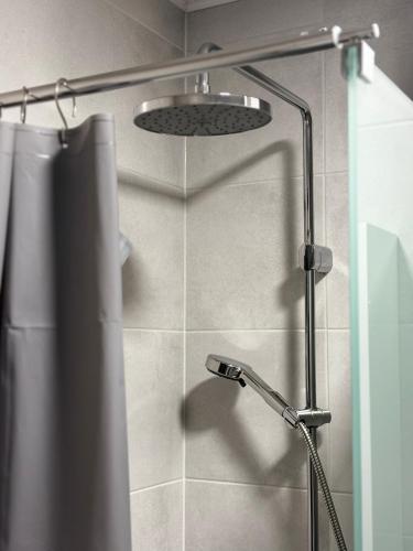 a shower with a shower head in a bathroom at Apartment Vita in Bovec