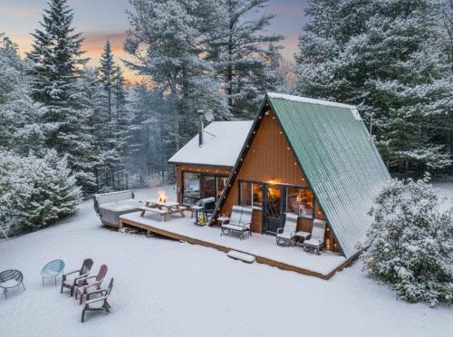 a cabin with a green roof in the snow at Spa & Waterfront Relaxation - Le Chalet EDGAU in Saint-Alban