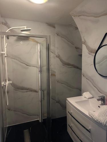 a bathroom with a shower and a sink at Sympathique T3 in Aiguebelle