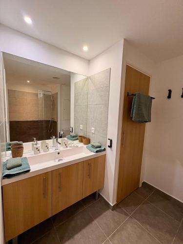 a bathroom with a sink and a large mirror at Always Sun ,1 bdr up to 4 guests in Baie Nettle