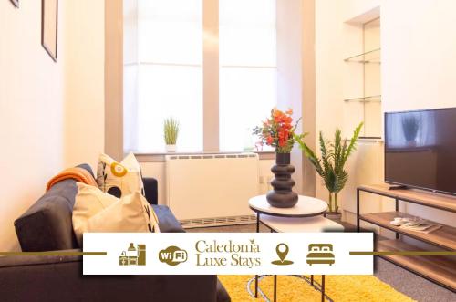 a living room with a couch and a tv at Castlegreen Apartment in Dumbarton