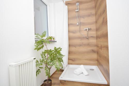 Un baño con ducha con banco blanco. en CO10 - Ferienwohnung in Coburg, en Coburg