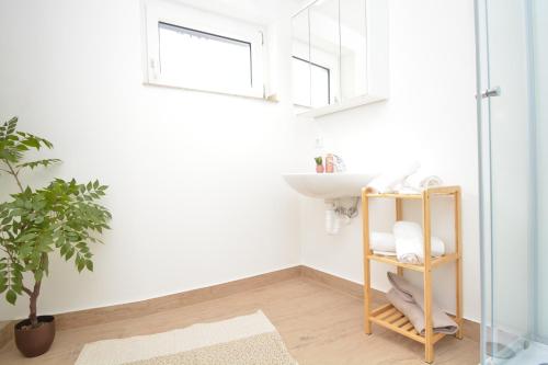 un baño con lavabo y espejo en CO11 - Ferienwohnung in Coburg, en Coburg
